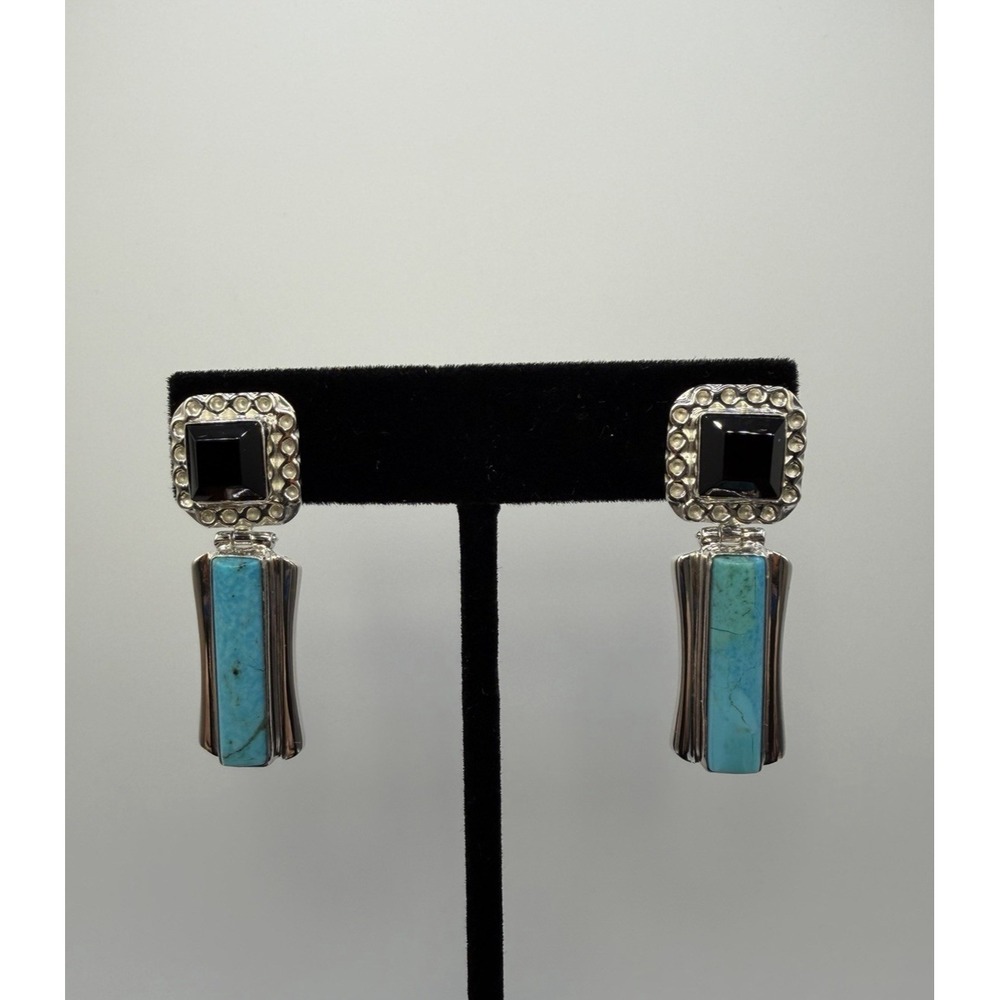 Sterling Silver Turquoise Smoky Topaz Dangle Earrings Southwestern Statement 925 - Picture 3 of 14